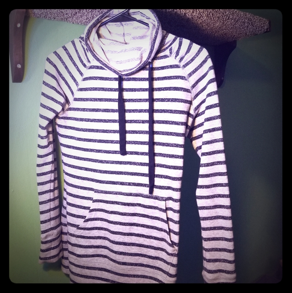 Striped cowl sweater.